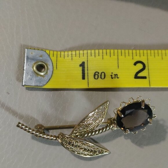 Smokey Quartz Floral Brooch Gilt Filigree Leaf Design Vintage Natural Gemstone - Picture 7 of 9